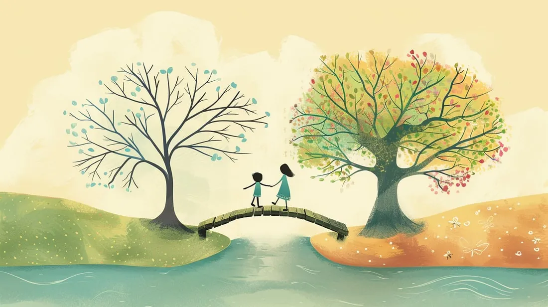 Illustrazione: due bambini attraversano un ponte tra due alberi