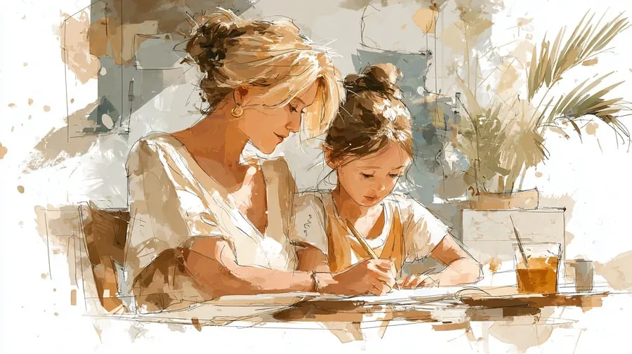 Illustrazione ad acquerello: tutor che segue una bambina nei compiti